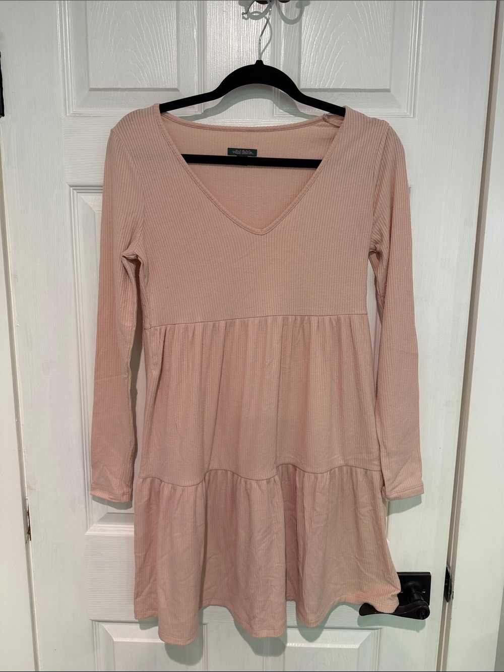 wild fable Blush Ribbed V-Neck Tiered Long-Sleeve Dress